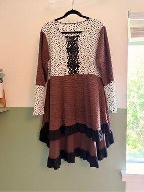 Polka Dot & Ruffle High-Low Dress in Brown and White